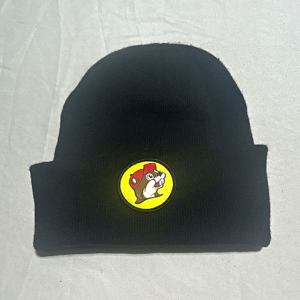 Buc-ee's Black Knit Cuffed Beanie Hat Yellow Beaver Logo Patch One Size Unisex